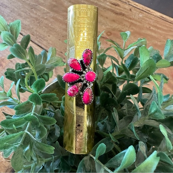 Sea Sediment Pink Jasper Adjustable Sterling Silver 925 Half Cluster Ring - Picture 5 of 9